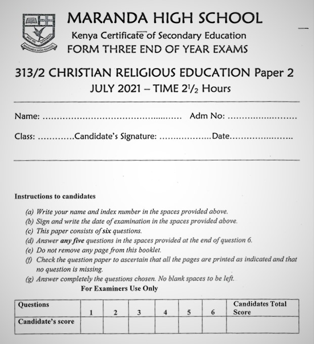Maranda Christian Religious Education PP2 Form 3