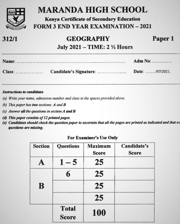 Maranda Geography PP1 Form 3 End of Term 3 2021