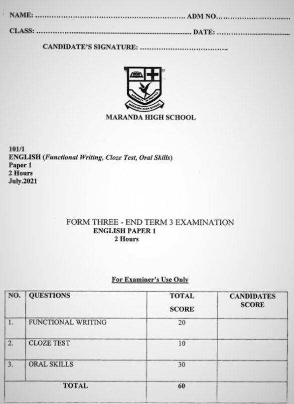 Maranda English PP1 Form 3 End of Term 3 2021