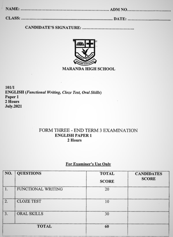 Maranda English PP1 Form 3 End of Term 3 2021