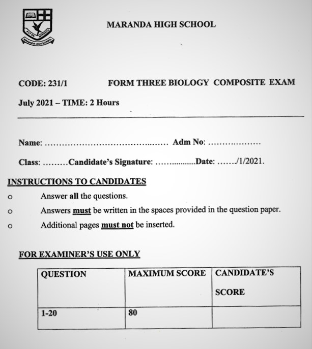 Maranda Biology PP1 Form 3 End of Term 3 2021