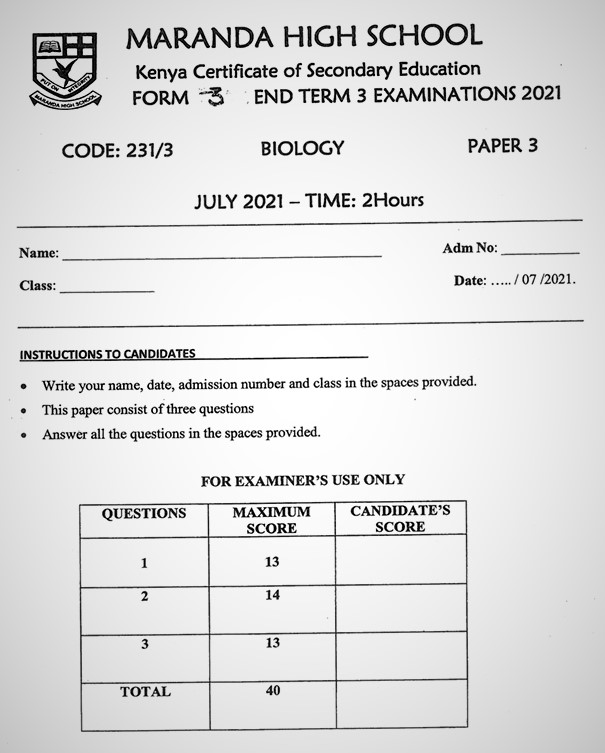 Maranda Biology PP3 Form 3 End of Term 3 2021
