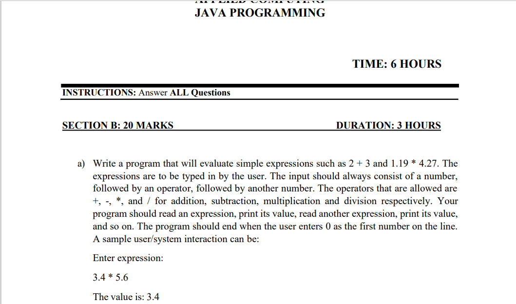 Java Programming Revision Past Papers (Questions)