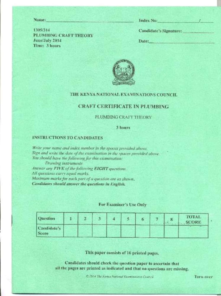 KNEC Exam for Plumbing Craft Certificate 2012-2016
