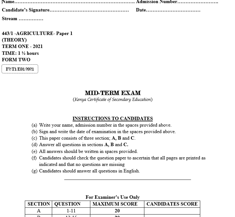 Form 2 Agriculture Mid-Term 1 Exam (With Marking Scheme)-2021