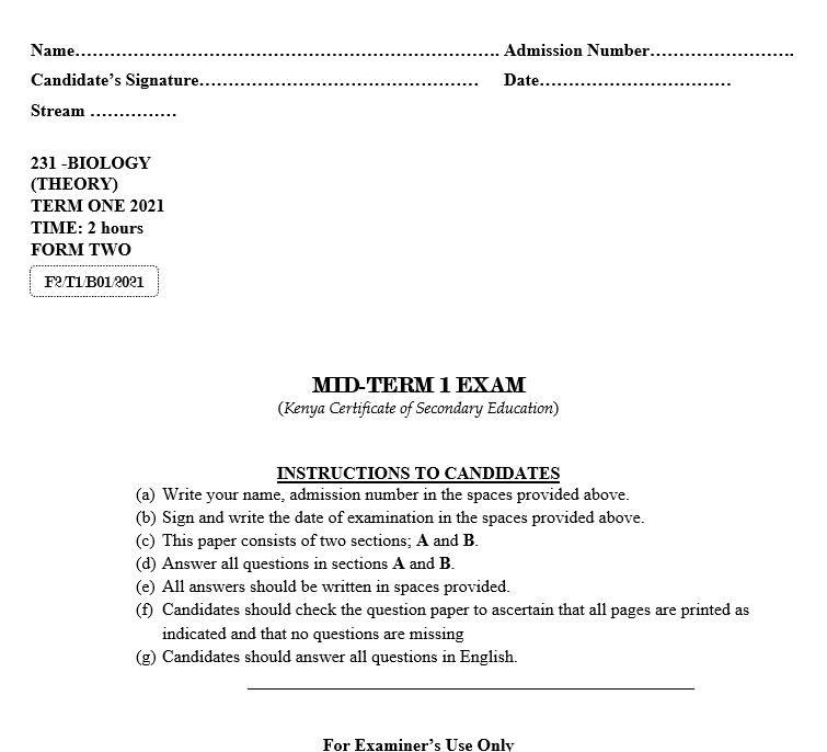 Form 2 Biology Mid-Term 1 Exam (with marking scheme) 2021