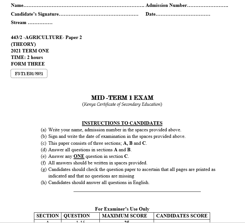 Form 3-2021 Agriculture paper 2 Mid-Term 1 Exam