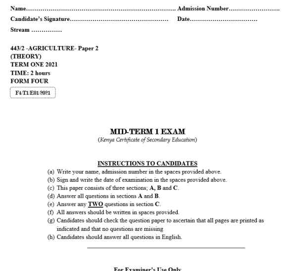 Form 4 - 2021 Agriculture Paper 2 Mid-Term 1 exam(with Marking scheme)