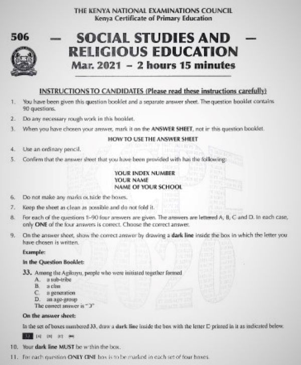 2020 KCPE KNEC Social Studies & Religious Education