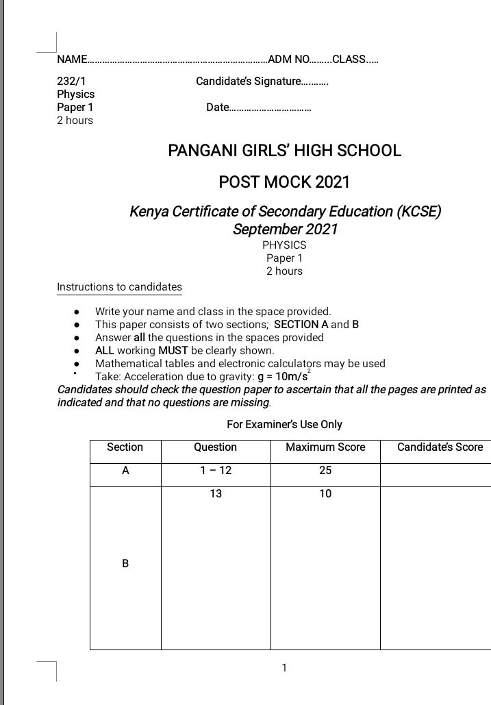 Pangani Girls Post Mock Physics Paper 1 2021
