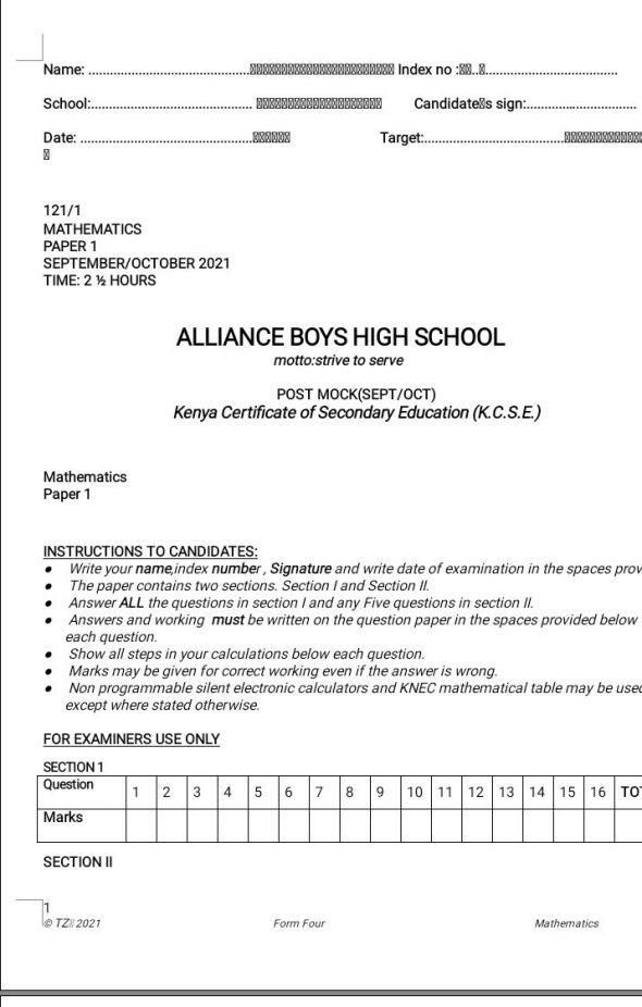 Alliance High Mathematics Paper 1