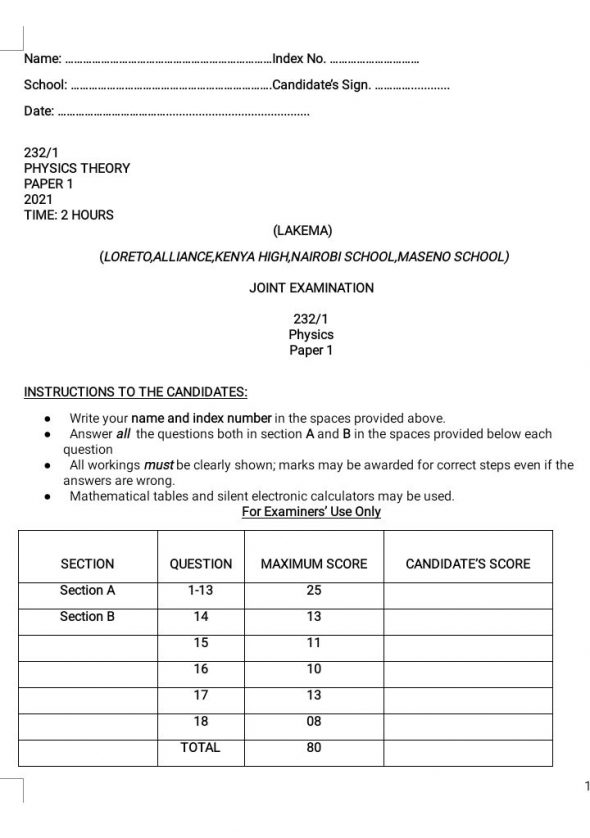 Top Schools Physics Paper 1 Joint Examination