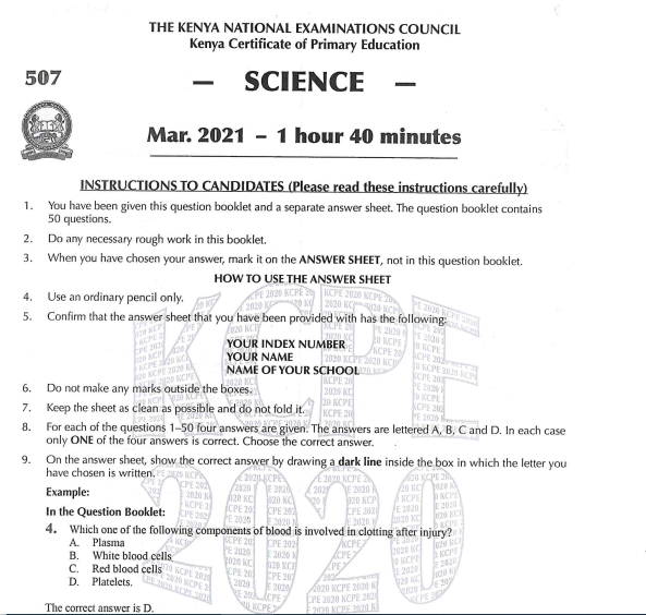 2020 KCPE KNEC Science Past Paper