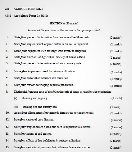 KNEC KCSE 2020 Agriculture Paper 1 Past Paper (With Marking Scheme)