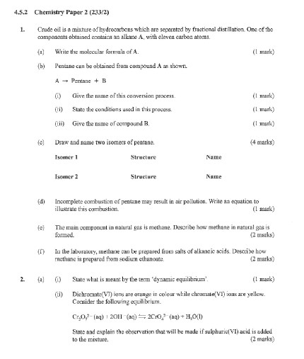 KNEC KCSE 2020 Chemistry Paper 2 Past Paper (With Marking Scheme)