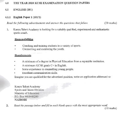 KNEC KCSE 2020 English Paper 1 Past Paper (With Marking Scheme)