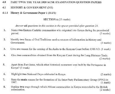 KNEC KCSE 2020 History and Government Paper 1 Past Paper (With Marking Scheme)