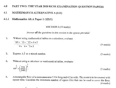 KNEC KCSE 2020 Mathematics Alt. A Paper 1 Past Paper (With Marking Scheme)