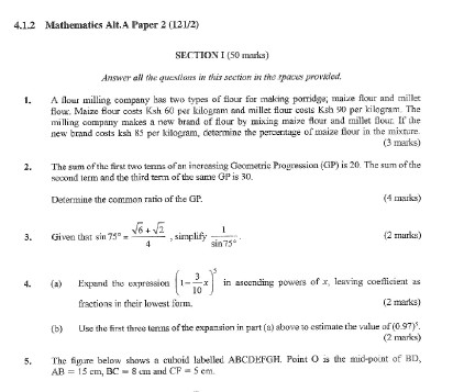 KNEC KCSE 2020 Mathematics Alt. A Paper 2 Past Paper (With Marking Scheme)