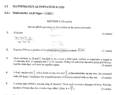 KNEC KCSE 2020 Mathematics Alt. B Paper 1 Past Paper (With Marking Scheme)
