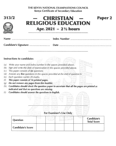 KNEC KCSE 2020 Christian Religious Education Paper 2 Past Paper (With Marking Scheme)