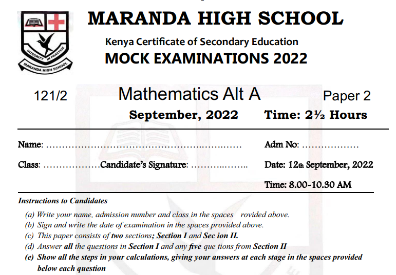 Maranda Mathematics Paper 2 Sep 2022 Past Paper