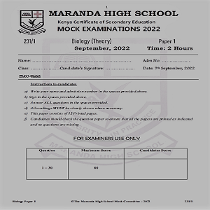Maranda Biology Paper 1 Sep 2022 Mock Past Paper