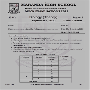 Maranda Biology Paper 2 Sep 2022 Mock Past Paper