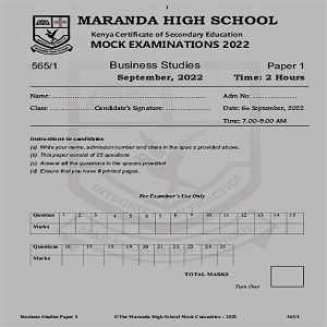 Maranda Business Studies Paper 1 Sep 2022 Mock Past Paper