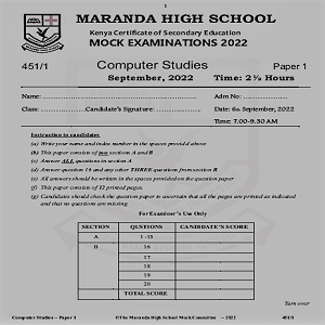 Maranda Computer Studies Paper 1 Sep 2022 Mock Past Paper