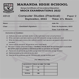 Maranda Computer Studies Paper 2 Sep 2022 Mock Past Paper