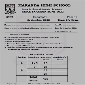 Maranda Geography Paper 1 Sep 2022 Mock Past Paper