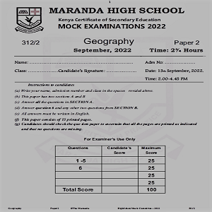 Maranda Geography Paper 2 Sep 2022 Mock Past Paper