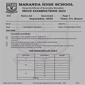 Maranda History & Government Paper 1 Sep 2022 Past Paper