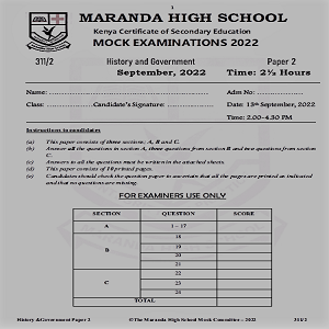 Maranda History & Government Paper 2 Sep 2022 Past Paper