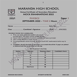 Maranda Physics Paper 1 Sep 2022 Mock Past Paper