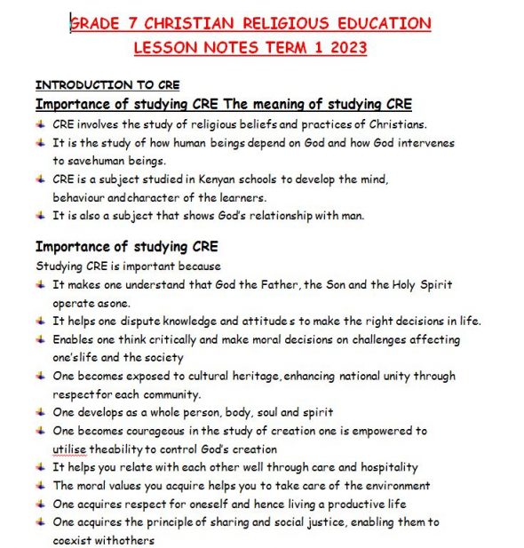 Grade 7 C.R.E Lesson Notes Term 1