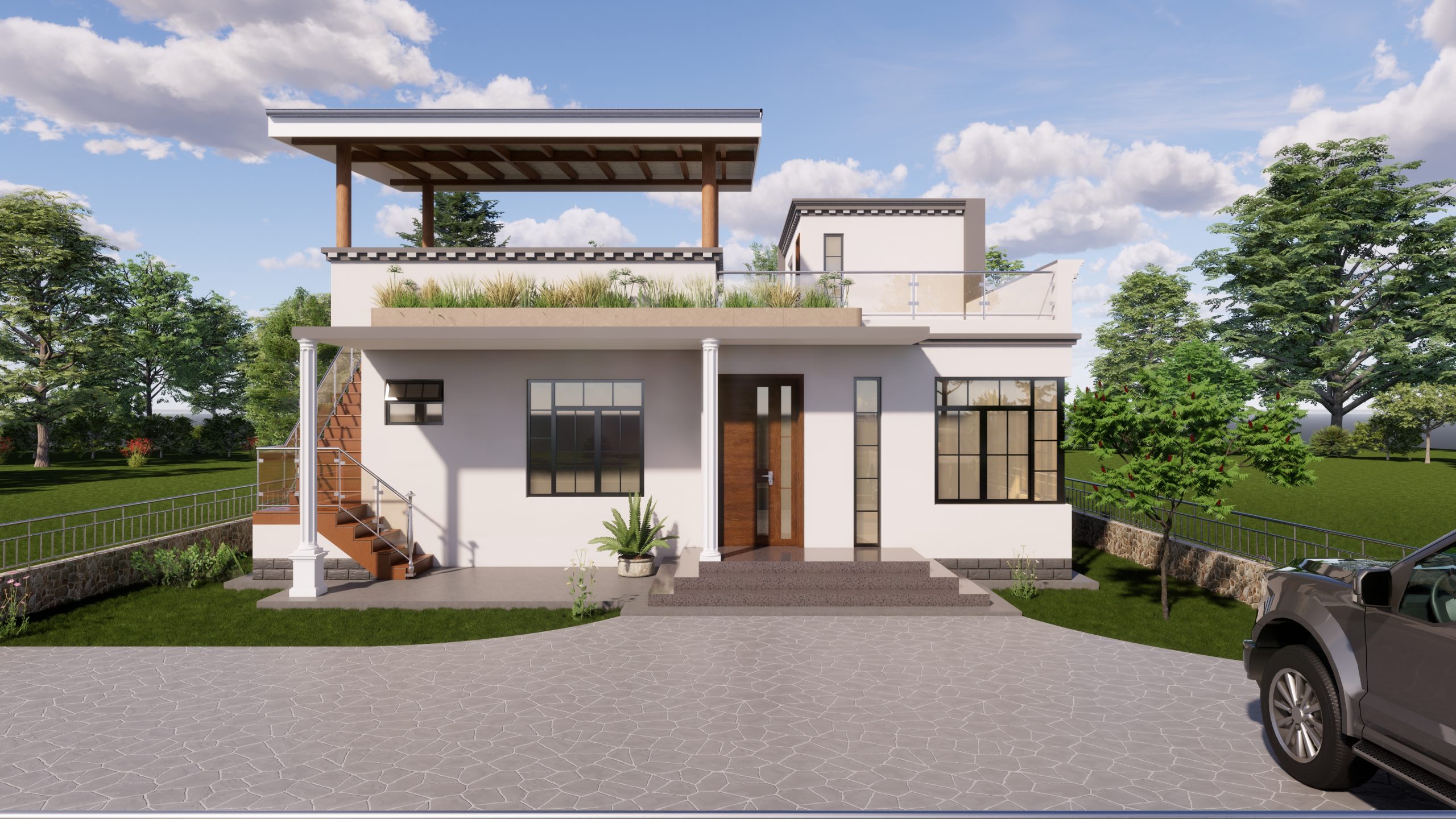 A Comely Three Bedroom House Design with a Flat Roof
